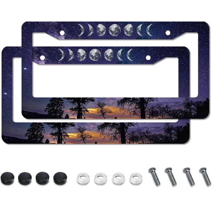 Moon Starry Sky License Plate Frame,Forest Funny Cute License Plate Frame 2 Pack Car Accessories Aluminum License Plate Covers for Men Women 2 Holes