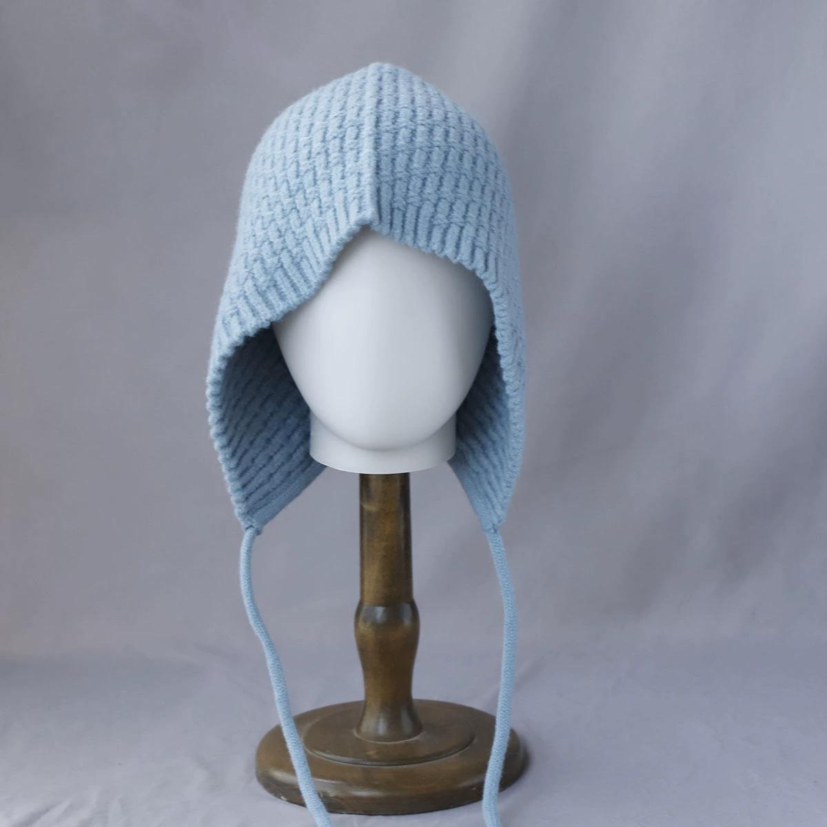 

Winter Knitted Beanies Women Warm Woolen Japanese Knit Hat Solid Color Pile Caps Ear Protection Tie Pullover Hat Bonnet 56-58cm