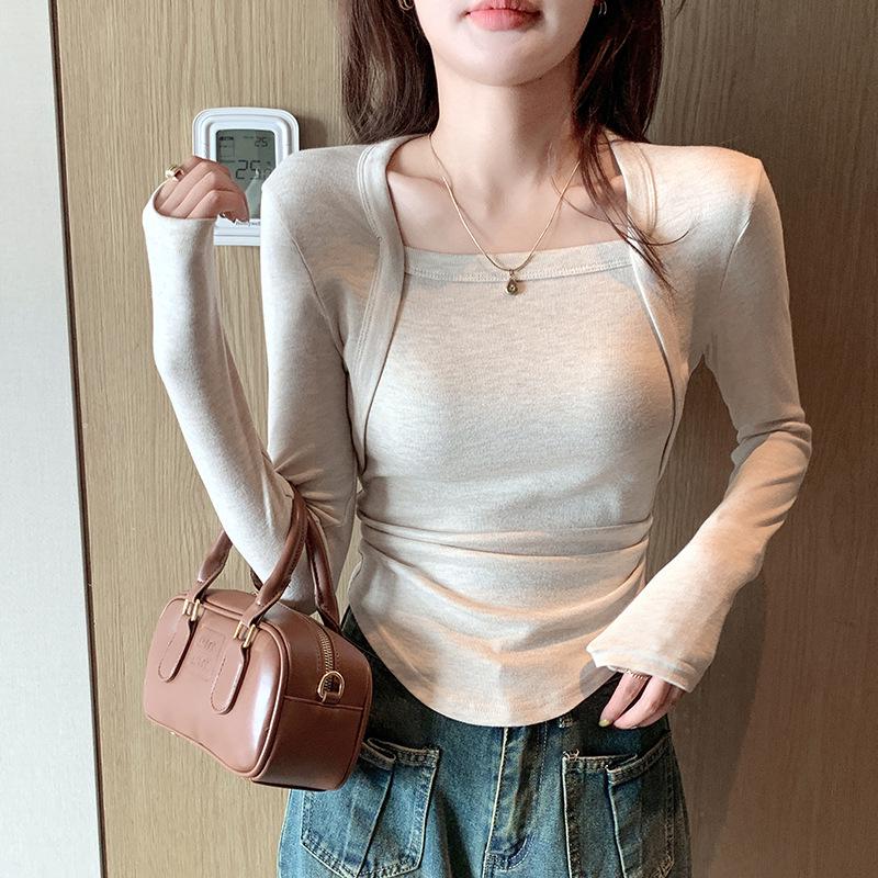 

H562 Женский приталенный топ из двух частей с французским квадратным воротником и длинными рукавами, повседневный осенний топ XL (55-63 kg)