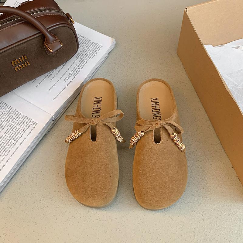 

Женская обувь 2025 новая бант ретро однопедальные удобные мягкая подошва сумка голова полушлепанцы одинарная обувь 35