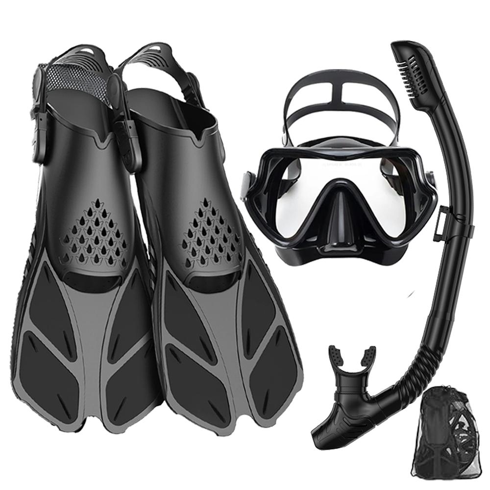 

Mask Fins Snorkel Set, Snorkeling Gear for Adults, Panoramic View Snorkel Mask Anti-Fog, Adjustable Dive Flippers, Dry Top Snork S/M