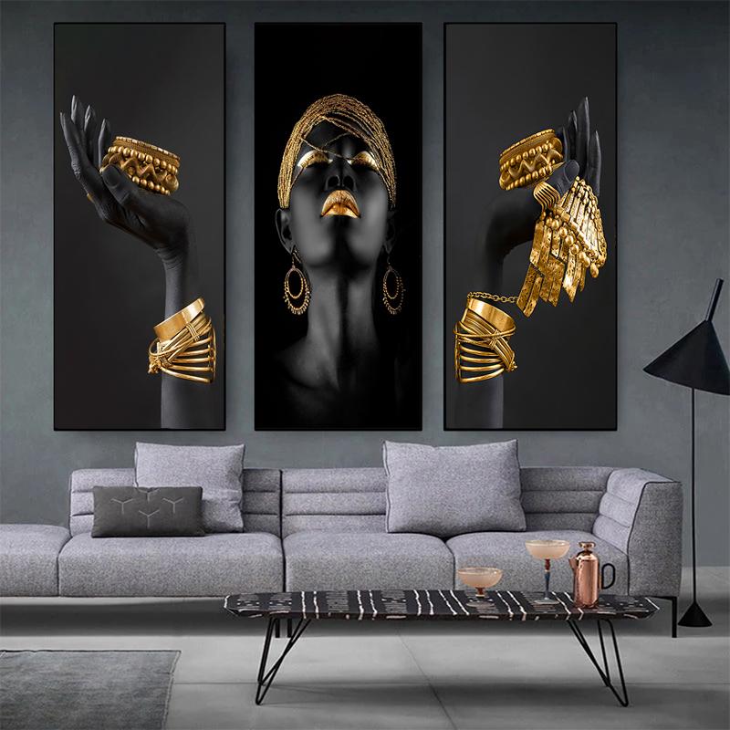African Woman Wall Art Painting Art Posters and Prints Big Black Woman Holding Gold Jewelry Canvas Picture Home Decor