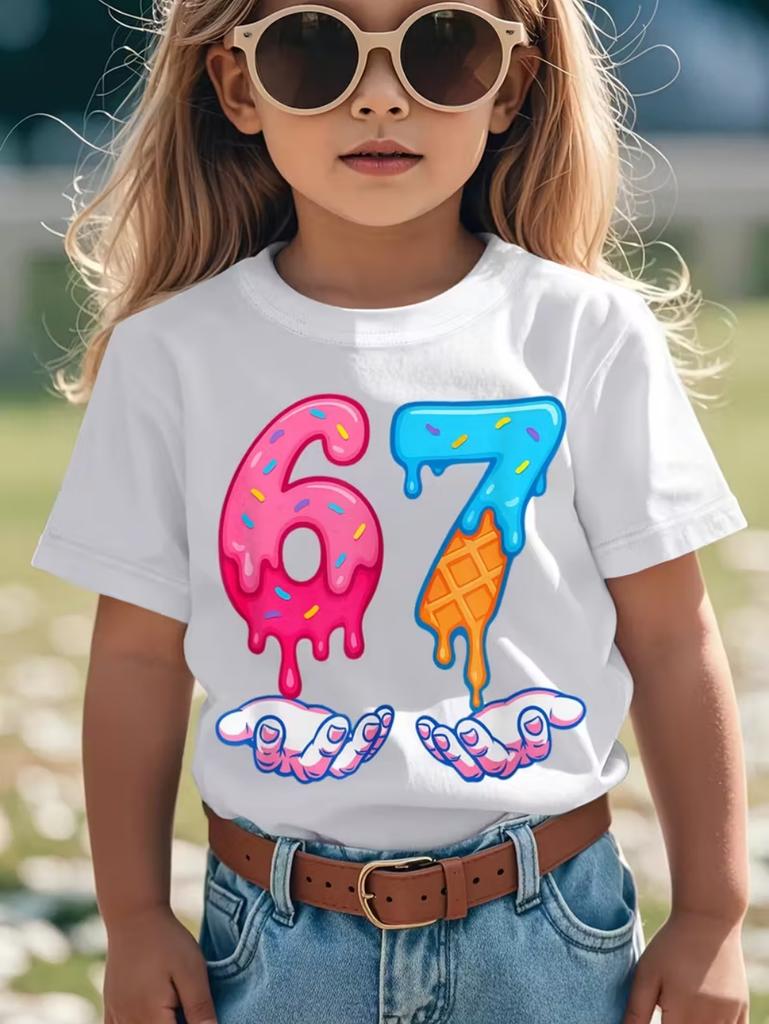 67 Meme Graphic Tshirt Kids Funny Number Print Summer Short Sleeve Loose Streetwear Tops