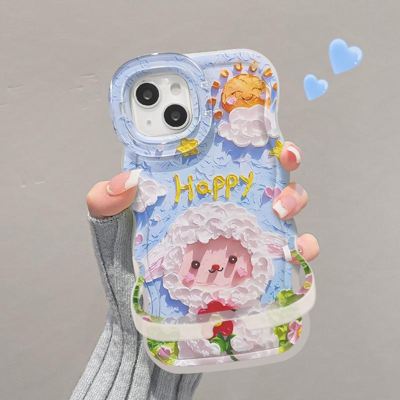 Oil Painting Sheep Suitable for Apple 16 Mobile Phone Case Opporeno13pro Double Bracket 15 Cute 14 Niche Silicone X
