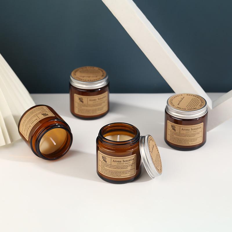 Small Brown Glass Aromatherapy Candle - Smokeless Rose Fragrance for Indoor Use