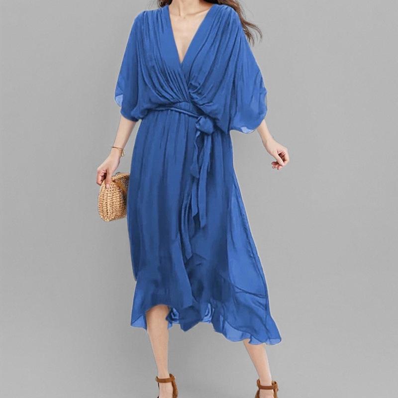 New Women's Clothing Elegant and Fashionable Solid Color Bat Sleeve Long Dress for Women