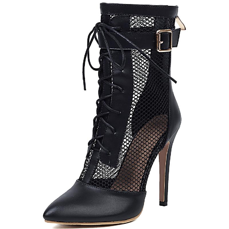Moda Moda Lato Buty Damskie Buty Seksowne Point Toe Botki Czarno Białe Wysokie Obcasy Sznurowane Impreza Taniec Buty Damskie Duże Rozmiary