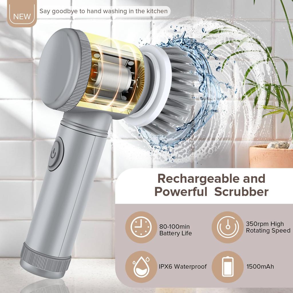 Electric Cleaning Brush Handheld Usb Rechargeable Ipx6 Waterproof 6 Replaceable Heads For Kitchen Bathroom Shoe Tile Cleaning