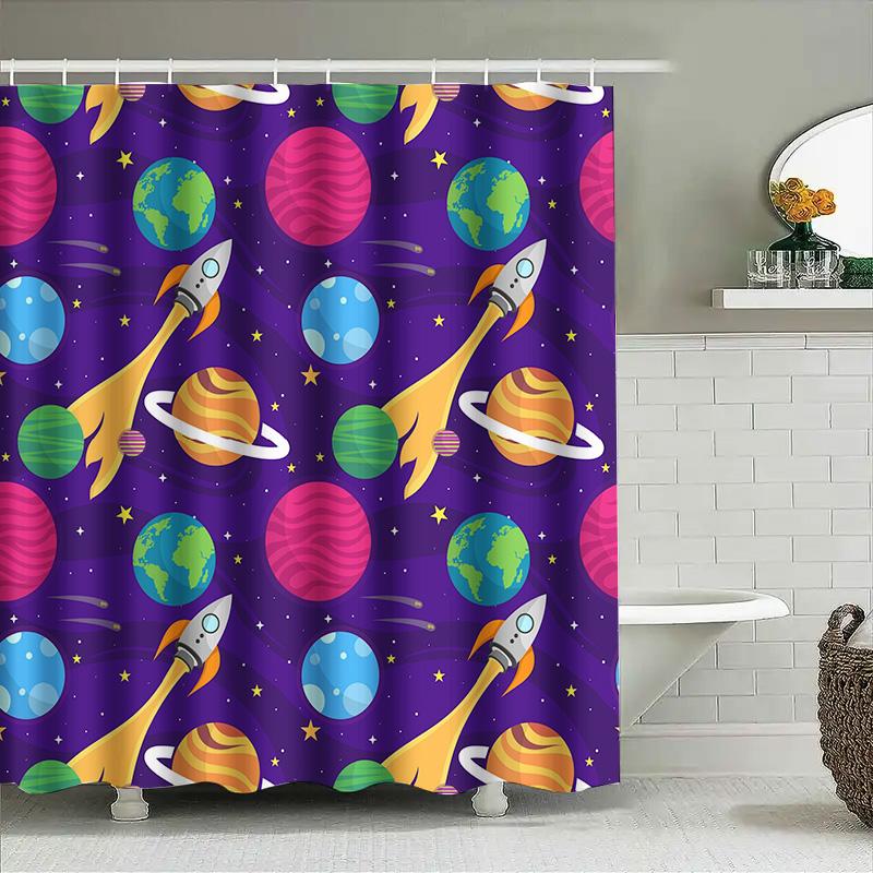 Cosmic Shower Curtain Space Traveler Bath Decor with Rocket Rockets Planets Purple 3D Printing Waterproof Polyester Fabric for B