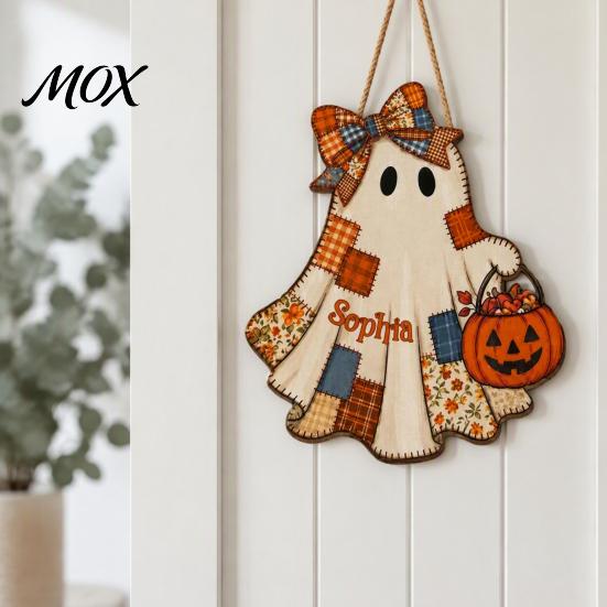 Funny Ghost Gift for Friends Halloween Wooden Patchwork Pendant, Vintage Autumn Harvest Hanging Sign, Cute Retro Ornament Walls Pendant with Rope Home