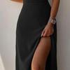 Rochie de damă la modă, sexy, lejeră, cu despicare în V adânc, cu tiv lung, midi