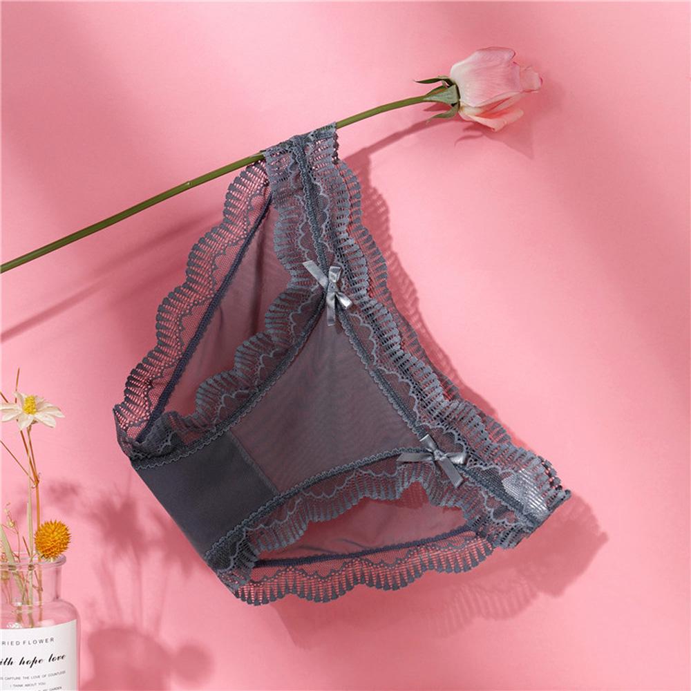 Women Mid‑Low Waist Sheer Mesh Panties Scalloped Lace Trim Double Bows Decor Soft Breathable Sweet Ladies Briefs Underwear Lingerie