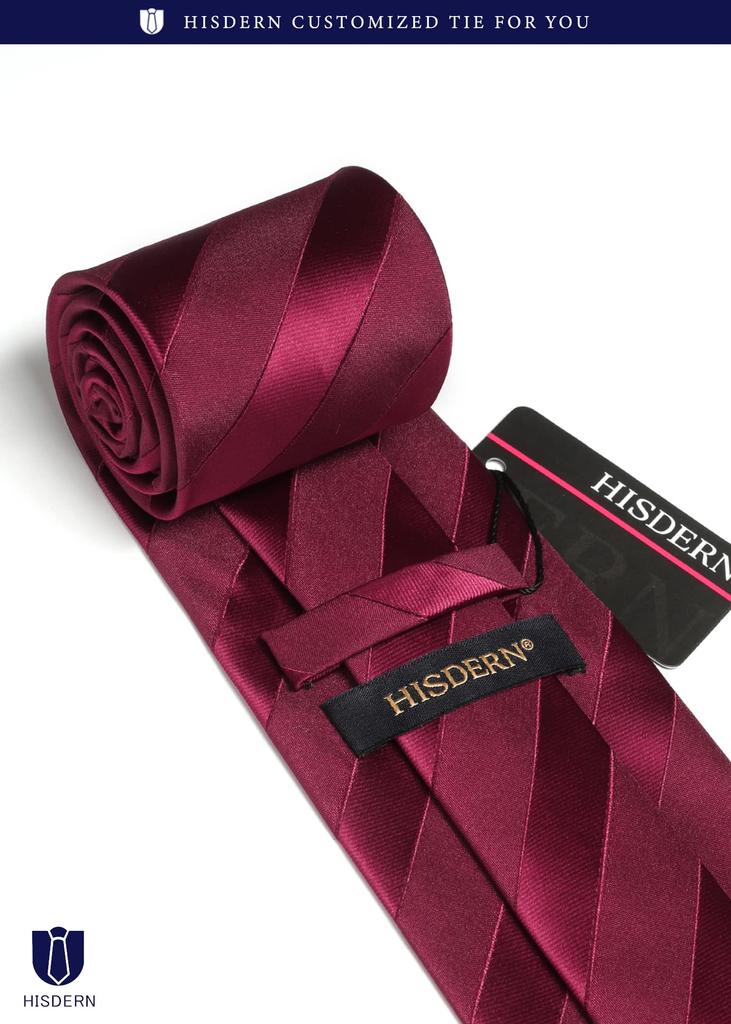 [HISDERN] Rote Krawatte, Hochzeitskrawatte, Herrenkrawatte und Einstecktuch Set, Gestreiftes Muster, Formell, Business, Marke, Formelle Kleidung, Feier, Geschenk für Herren