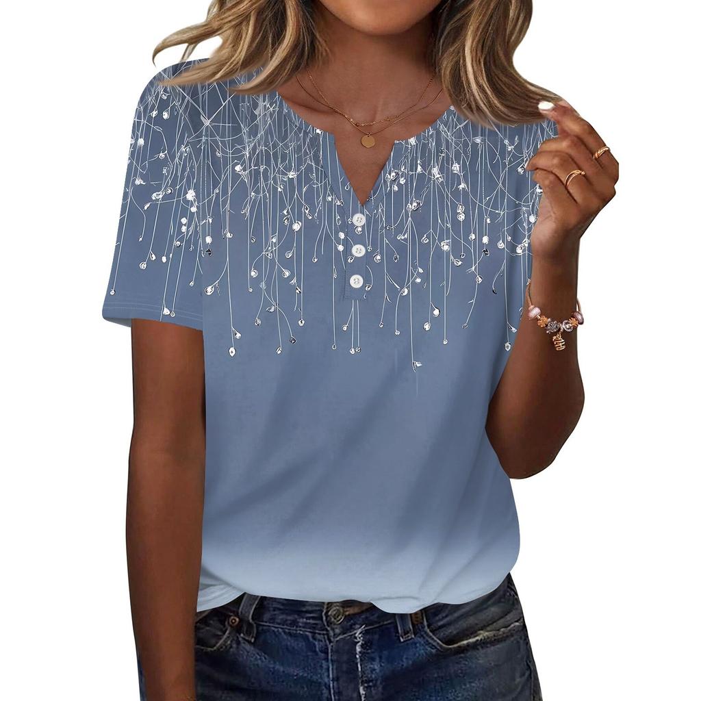Damen T-Shirt mit Aufdruck und Knopfleiste, kurzärmelig, für den Alltag, Wochenendmode, Basic, V-Ausschnitt, normales Oberteil
