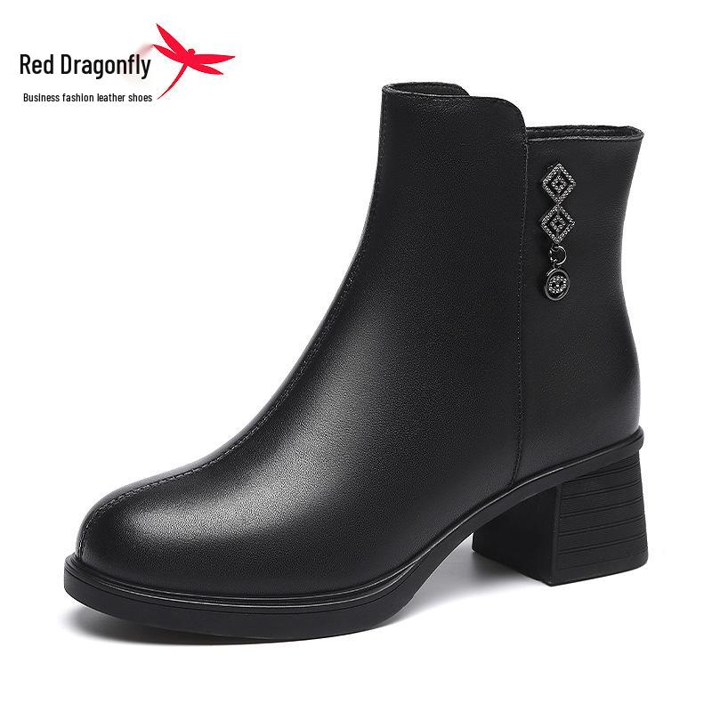 Red Dragonfly Women's Stylish High Heel Winter Boots - Genuine Leather Mid-Calf Short Boots with Chunky Heel and Cotton Plus Velvet Lining.