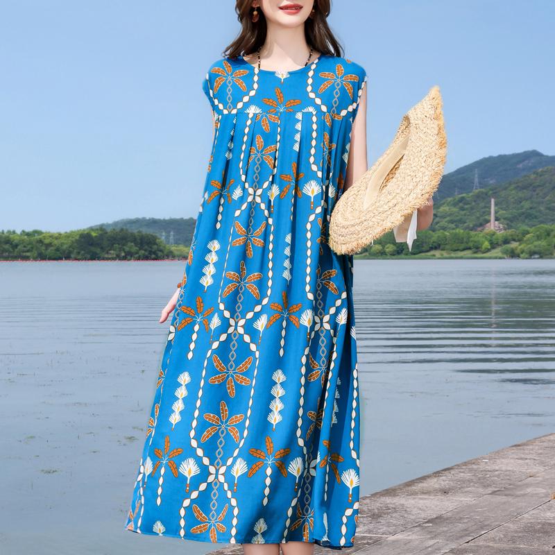 Casual Beach Dresses for Woman Plus Size Loose Vintage Print Long Sleeveless Dress Summer Women's Clothing