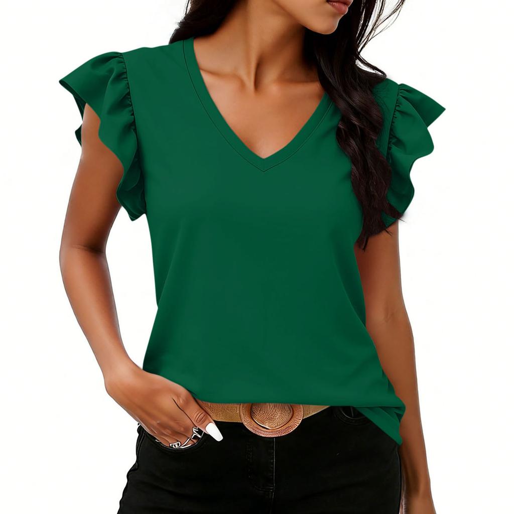 Women Fashion Casual Solid Color Ruffle Sleeve V Neck Short Sleeve Top Lightweight Comfortable Summer Shirt for Daily Wear