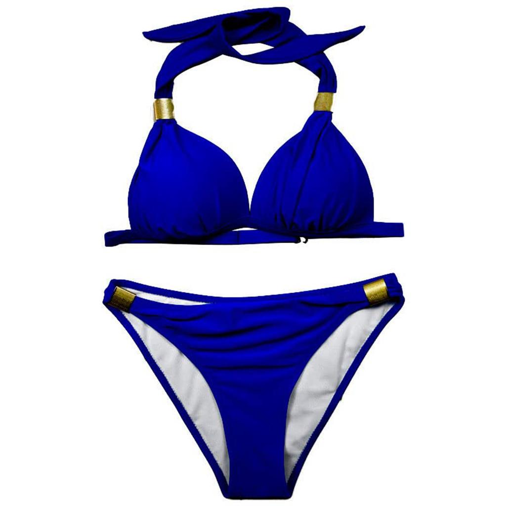 Two Piece Solid Color Bikini Set with Padded Cups Women Swimwear Halter Neck Top and Classic Bottom Beachwear