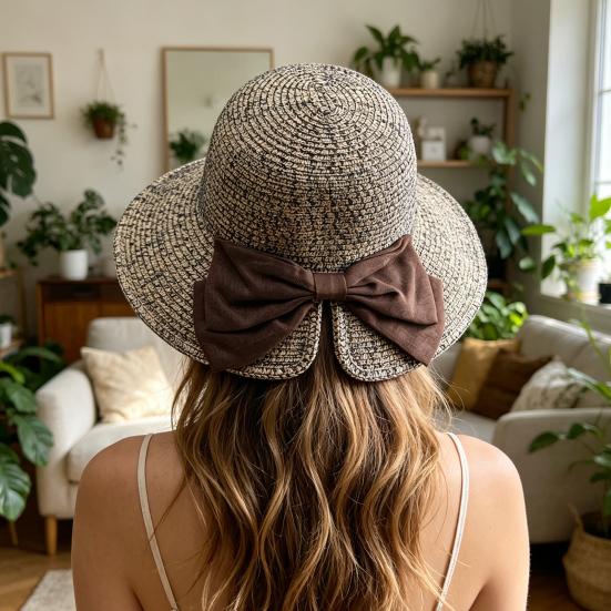 Women Beach Hat, Wide Brim Sun Protection Hat, Foldable Straw Summer Hat with Bowknot Decor, Breathable Outdoor Hat for Fishing, Travel
