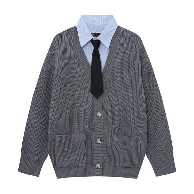 V-neck Knit Cardigan Preppy Vintage Colorblock Fake 2-piece Long Sleeve Casual Outerwear Teens