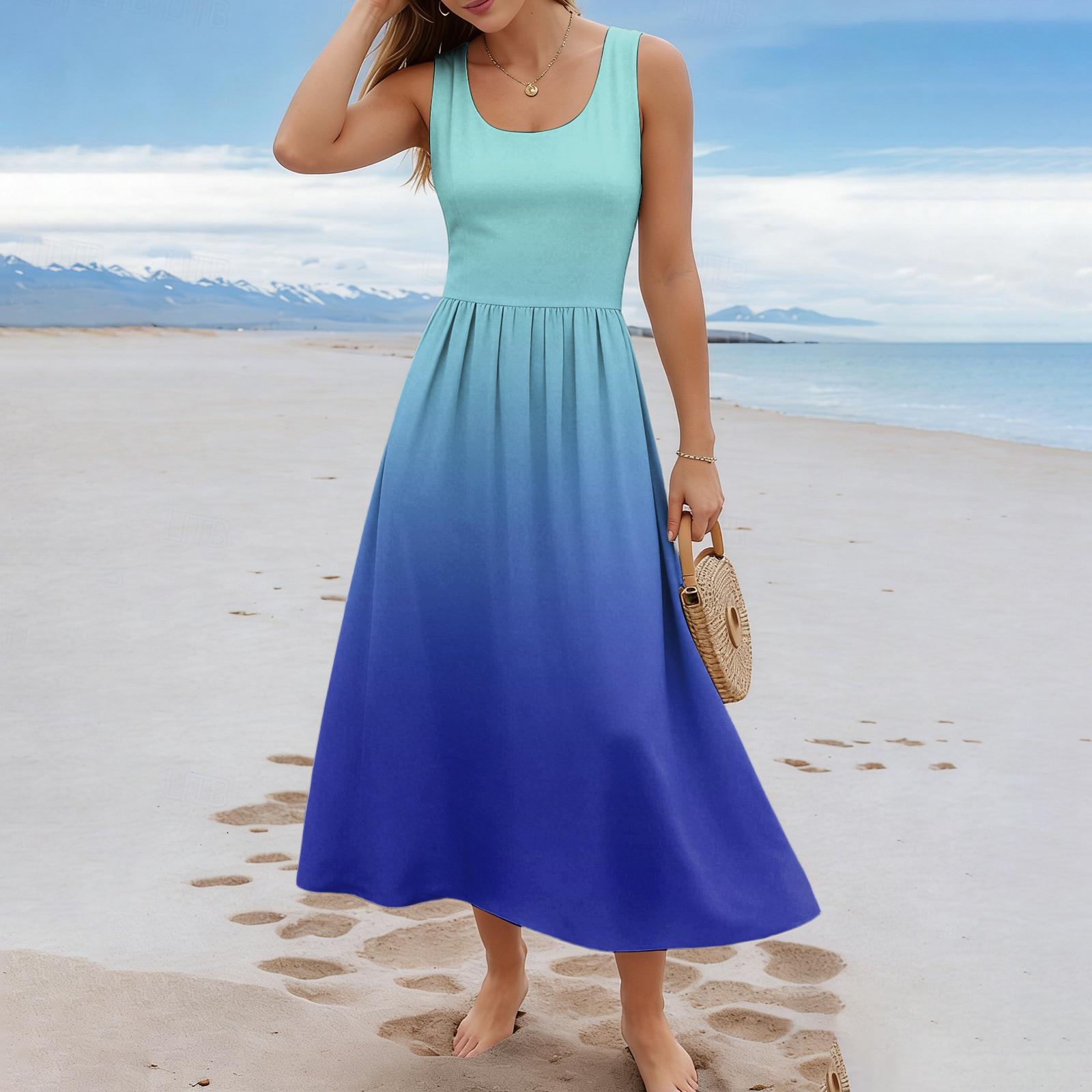 Ladies  gradient printed summer casual and fashionable sleeveless long dress L синий