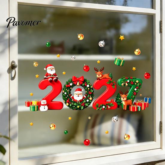 Decorative Scene Layout 2027 Christmas New Year Window Clings, Santa Reindeer Gift Ball Static for Family Decals, PVC Removable Glass Stickers