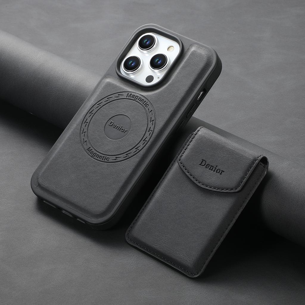 DENIOR D19 For iPhone 15 Pro Max Magnetic Case Leather+PC+TPU Cover with Detachable Card Bag