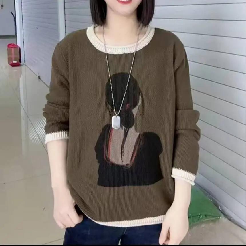 Women's Autumn  Printed Sweater Round Neck Long Sleeve Loose Versatile Knitted Sweater Fashionable Top