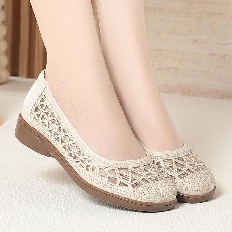 All Match Comfortable Breathable Shallow Rhinestone Cuout Mesh Shoes Women Flats 2025 Ballerinas Woman Flat Shoes for Mom Beach
