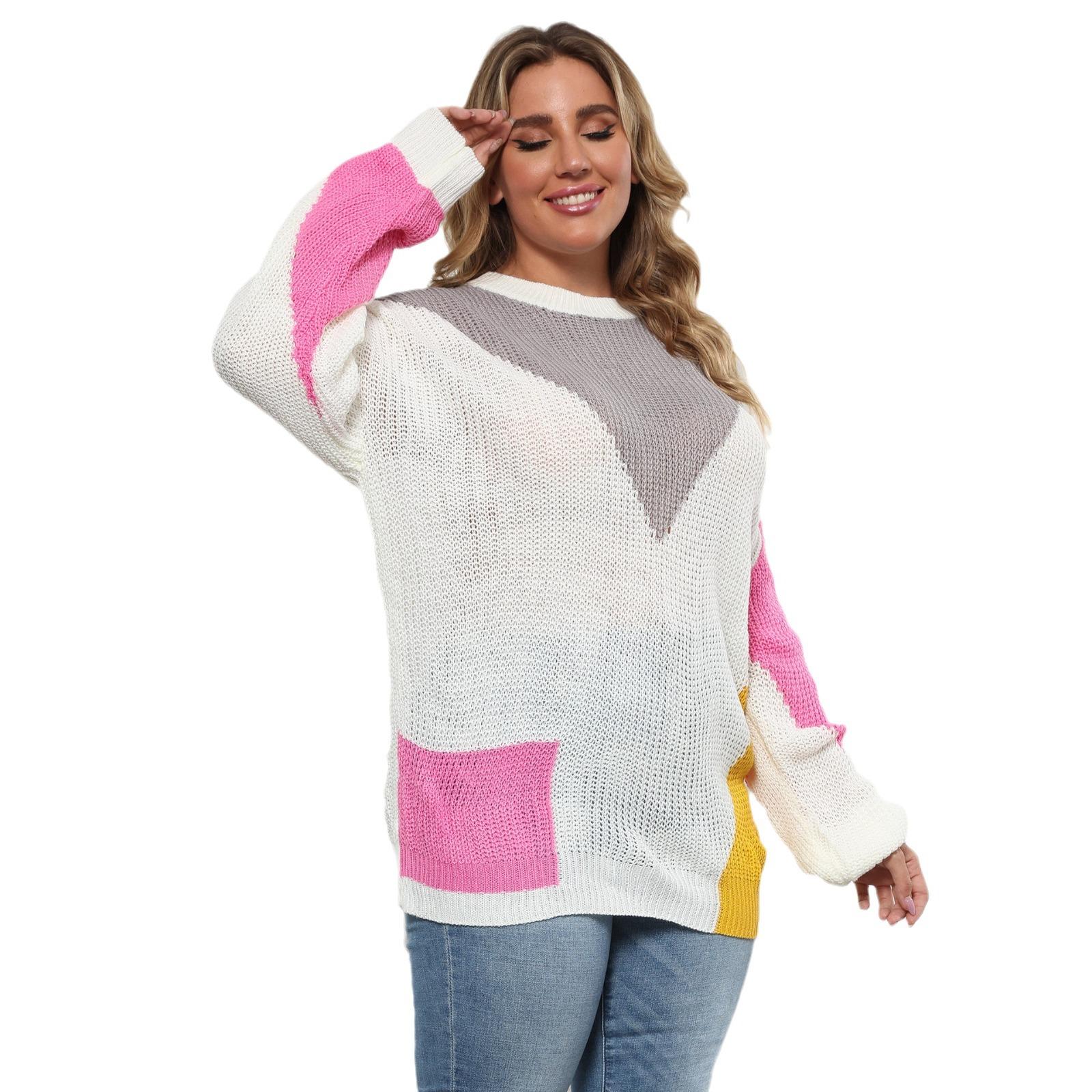 Женский осенне-зимний тканый свитер свободного покроя с контрастными цветами 4XL белый — фото 5