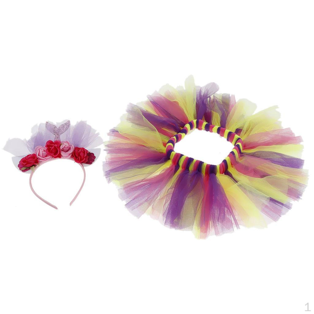 

Layered Ballet Tulle Rainbow Skirt for Little Girls Dress Up with Mermaid Headband Hair Band Cosplay M