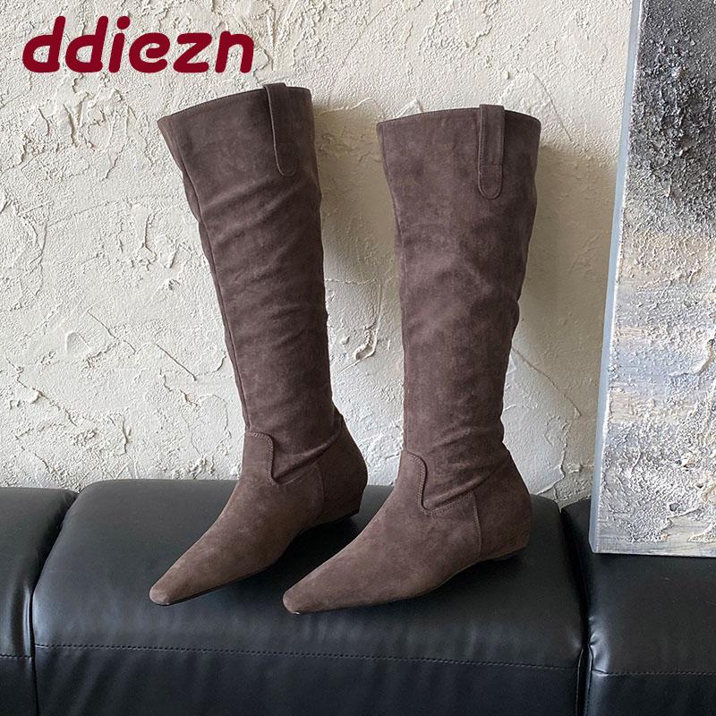 Fashion Fashion Flock Women Knee High Boots Heels Shoes With Height Increasing Ladies Long Modern Boots Female Slip On Shoes