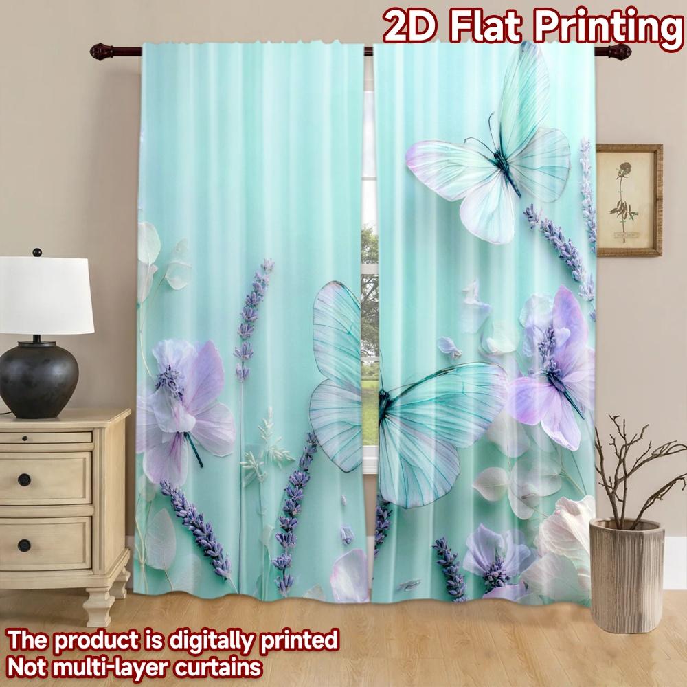 2D flat printing 2pcs Curtains Butterflies Lavender Flowers Dreamy Digital Printed Polyester Drapes All Season Party & Holiday