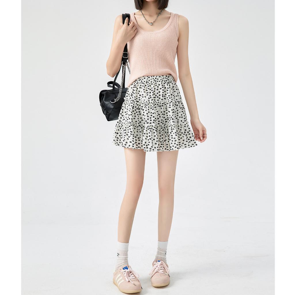 Small Fresh Floral High-waisted A-shaped Skirt, Women's Summer French Sweet Skirt