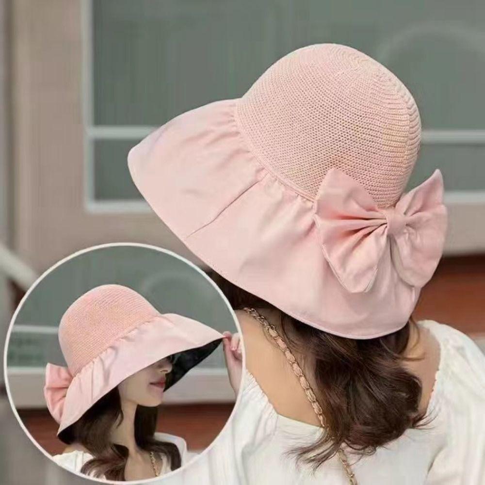 Solid Color Outdoor Travel Summer UV Protection Bowknot Sun Hat Women Cap Bucket Hat Fisherman Hat