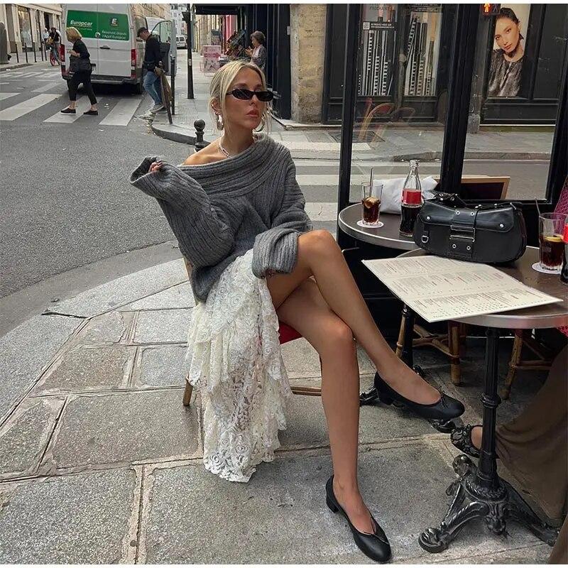 Elegant Solid Slash Neck Thick Knitted Boat Neck Tops Women Casual Long Sleeve Loose Warm Pullover Jumpers Female Fashion High Street Sweater Knitwear