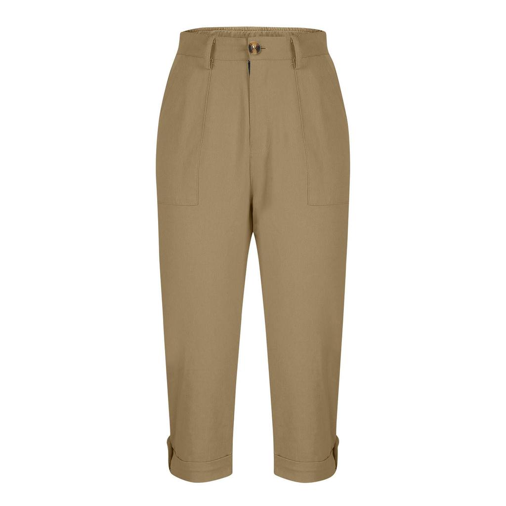 Women Casual Capri Pants High Waisted Rolled Cuff Ankle Pants Solid Color Pocket Detail Loose Fit Trousers