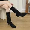 2025 Fashion Pointed Heel Suede French Skinny Short Boots Fashion Buckle Medium Tube Folds Pile Boots Black Women