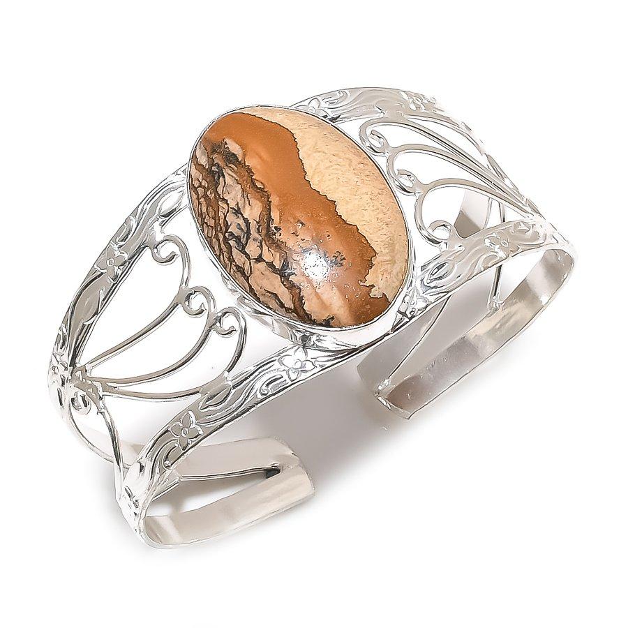 Natural Picture Jasper Gemstone 925 Sterling Silver Cuff Bangle Adjustable AC-1431