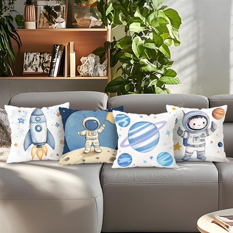 Home Decor Space-Themed Astronaut & Rocket Pillow Covers Pattern Cushion Cover Suitable For Sofa Bedroom Car Pillow Cover