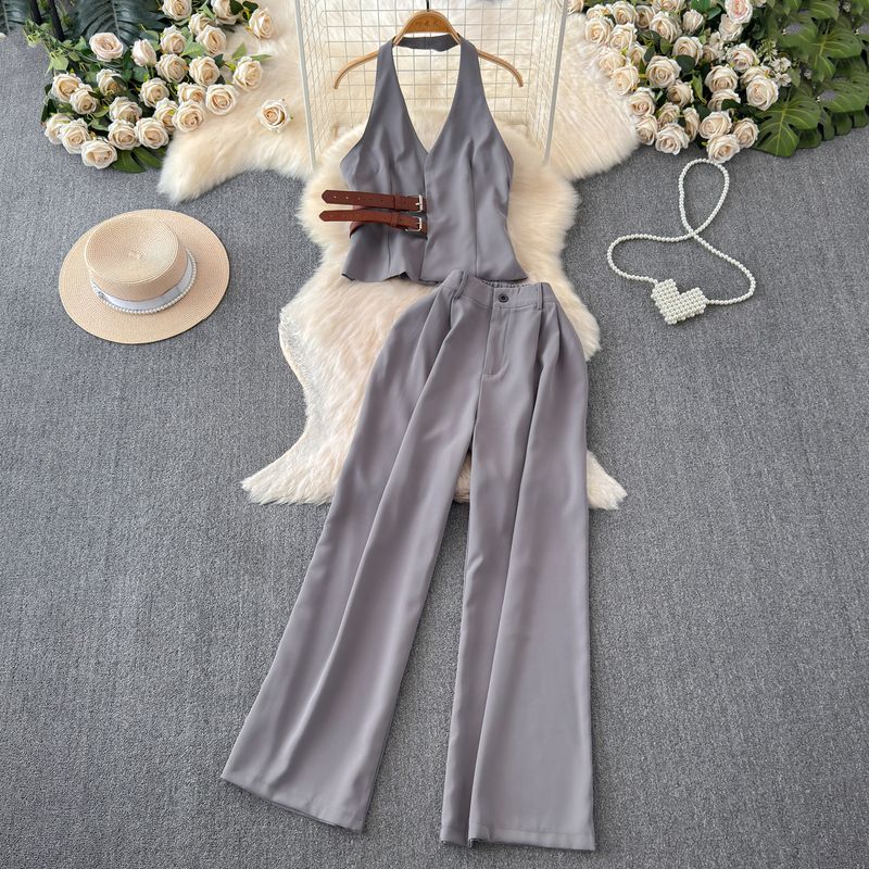 Stylish Niche Style Young Wind Buckle Waist Halter Backless Sling Tops + High Waist Slimming and Wide Leg Two-piece Set