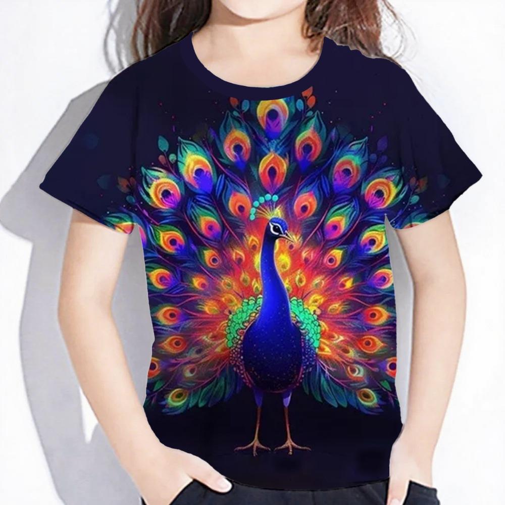 Girls' clothing 3D printed beautiful peacock T-shirt summer children's clothing short sleeved T-shirt casual color top