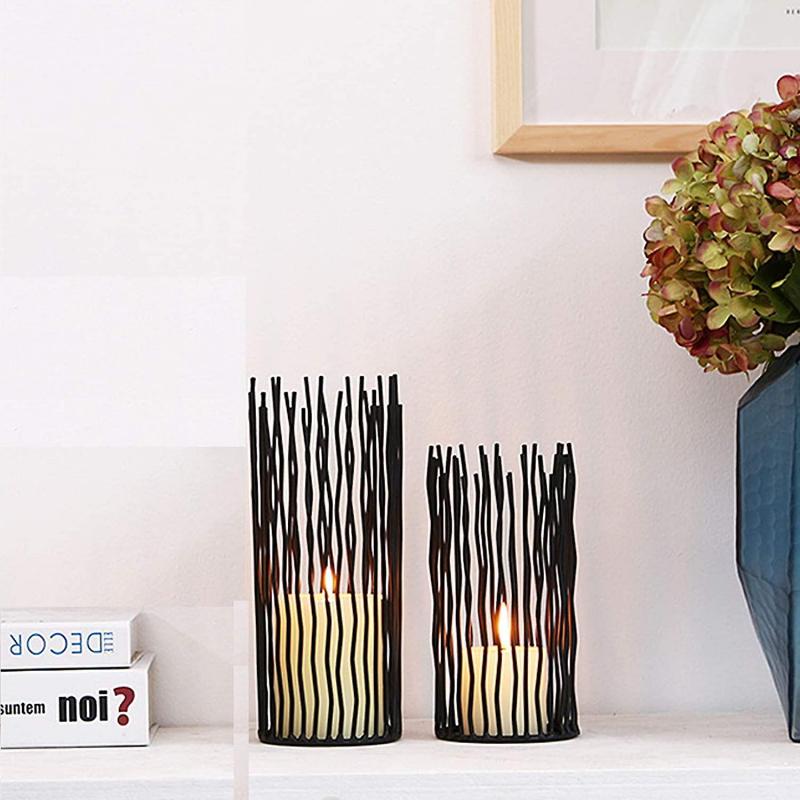 Set of 2 Metal Column Candle Holders, LED Flameless Electronic Black Table Candle Holders, Metal Can
