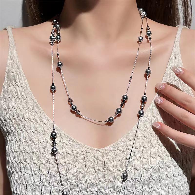 Damen Graue Schleierkraut Perlenkette - Luxuriöses Mehrlagiges Pulloverketten-Accessoire