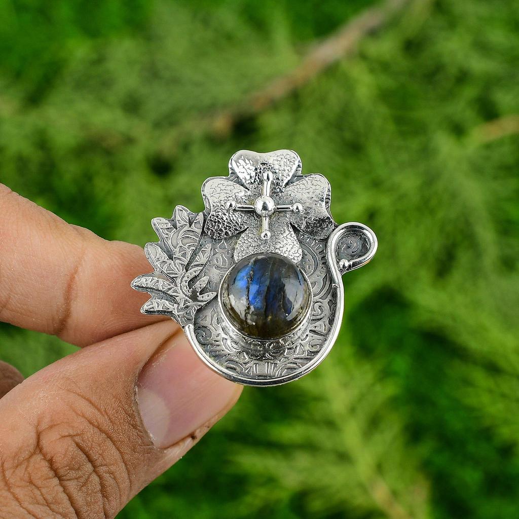 Natural Labradorite Sterling Silver Boho Multi Stone Flower Mother Ring Jewelry