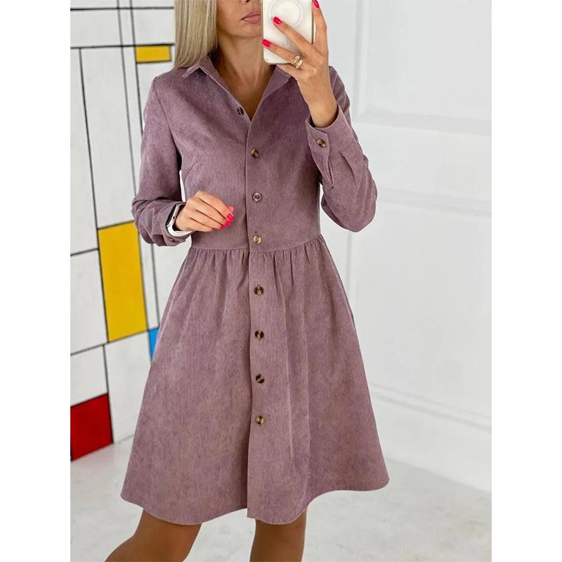 Robe Chemise en Velours Côtelé pour Femme Manches Longues Boutonnée Midi Maxi Automne Hiver