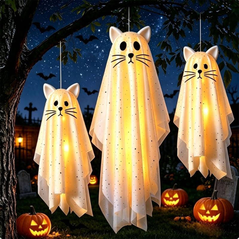 Lighted Halloween Figure for Porches and Entryways, White Draped Suspended Fabric with Remote-Controlled Light Function