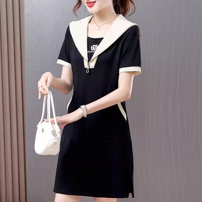 

Летнее миди-платье с матросским воротником, на молнии, с коротким рукавом, женская одежда, повседневное, с карманами, пэчворк, базовое, однотонное, А-силуэта XXXL чёрный