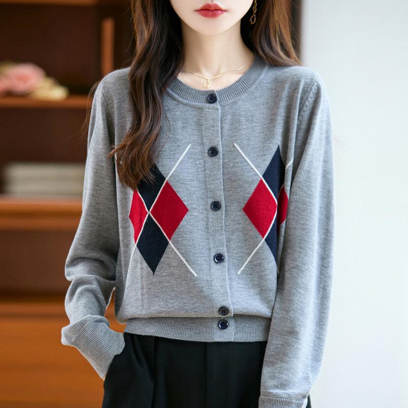 Cardigan Haut de Gamme Automne et Hiver, Haut Court Ample et Décontracté, Veste Pull à Col Rond et Motifs Diamant pour Femmes