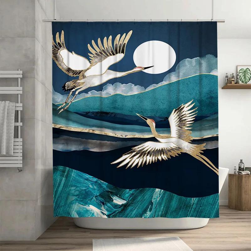 ZHL22Exquisite Crane Flight Shower Curtain Set Modern Bathroom Decor in Teal Blue Fabric for Home Decoration Ready to Ship f2Ol%